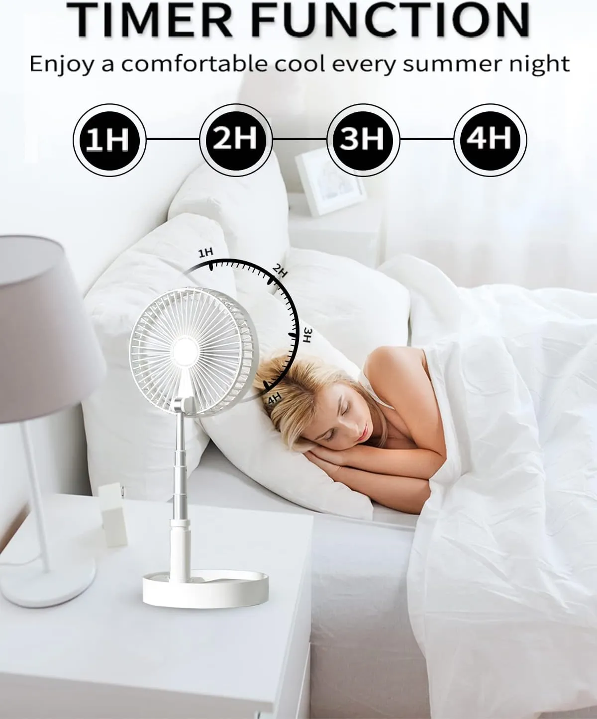 UN UNITEDTIME Desk and table fan, Foldable Fans Portable Travel Fan Battery Operated or USB Powered,Adjustable Height,My Foldaway fan with remote Control Timer 4 Speed Settings (White)