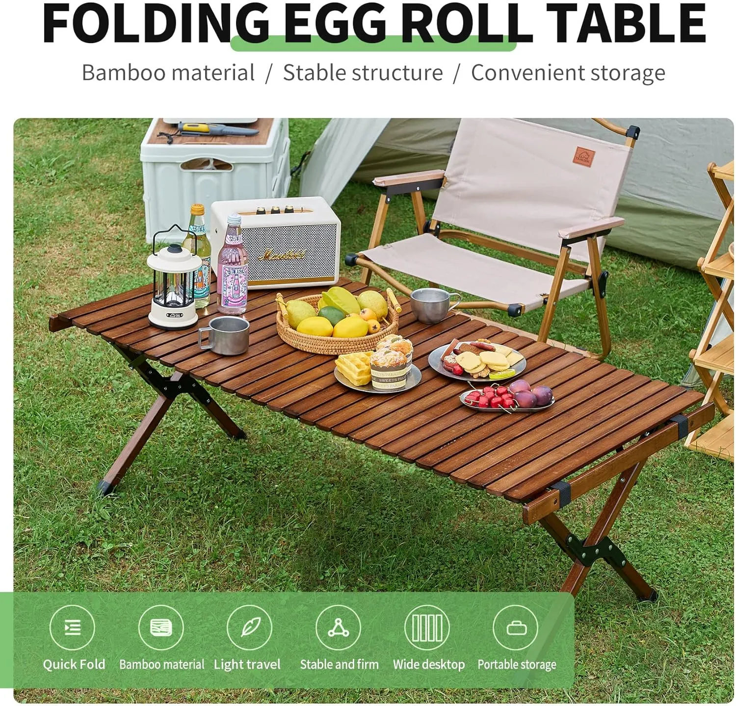 UNICOO –Bamboo Folding Picnic Table, Portable Camping Table W/Carry Bag, Low Height Foldable BBQ Roll Up Table, Beach Table for Indoor & Outdoor Party, BBQ and Hiking (3 FT, Antique Brown)