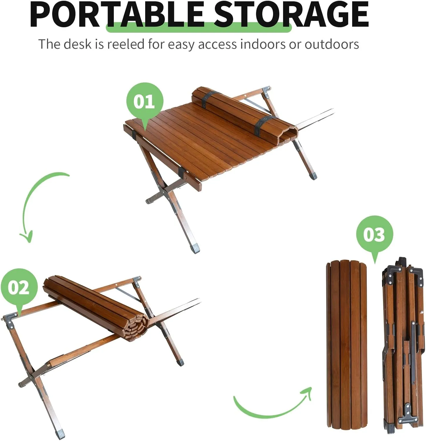UNICOO –Bamboo Folding Picnic Table, Portable Camping Table W/Carry Bag, Low Height Foldable BBQ Roll Up Table, Beach Table for Indoor & Outdoor Party, BBQ and Hiking (3 FT, Antique Brown)