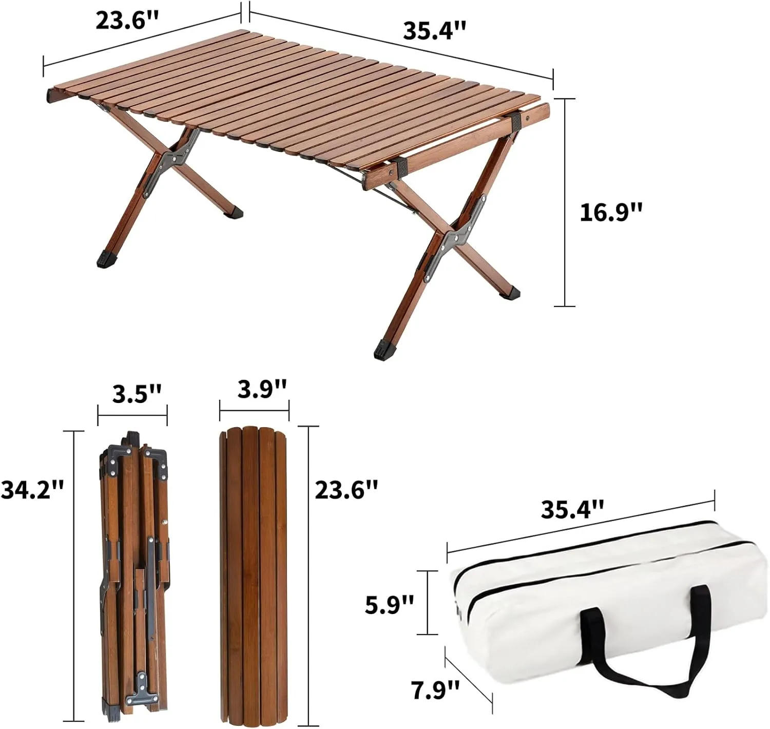 UNICOO –Bamboo Folding Picnic Table, Portable Camping Table W/Carry Bag, Low Height Foldable BBQ Roll Up Table, Beach Table for Indoor & Outdoor Party, BBQ and Hiking (3 FT, Antique Brown)