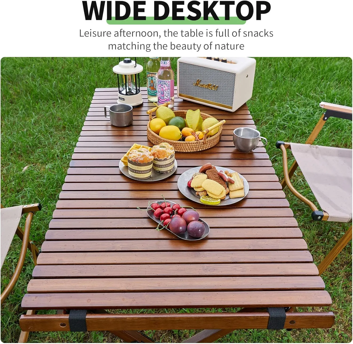 UNICOO –Bamboo Folding Picnic Table, Portable Camping Table W/Carry Bag, Low Height Foldable BBQ Roll Up Table, Beach Table for Indoor & Outdoor Party, BBQ and Hiking (3 FT, Antique Brown)