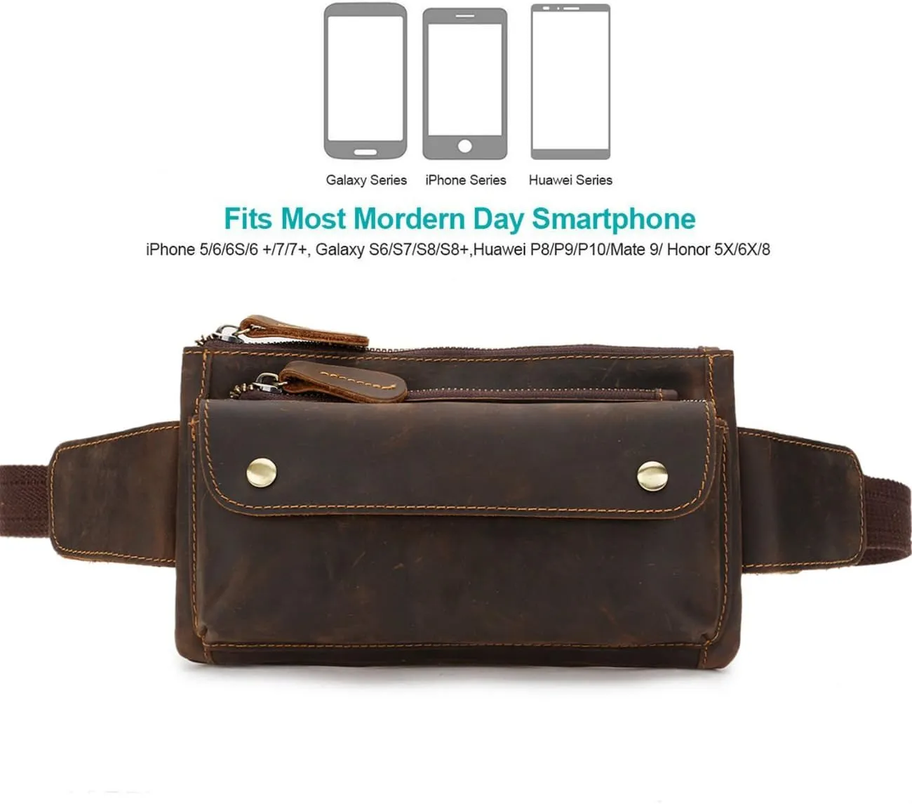 Unisex Brown Genuine Leather Waist Bag Messenger Fanny Pack Bum Bag For Men Women Travel Sports Running Hiking