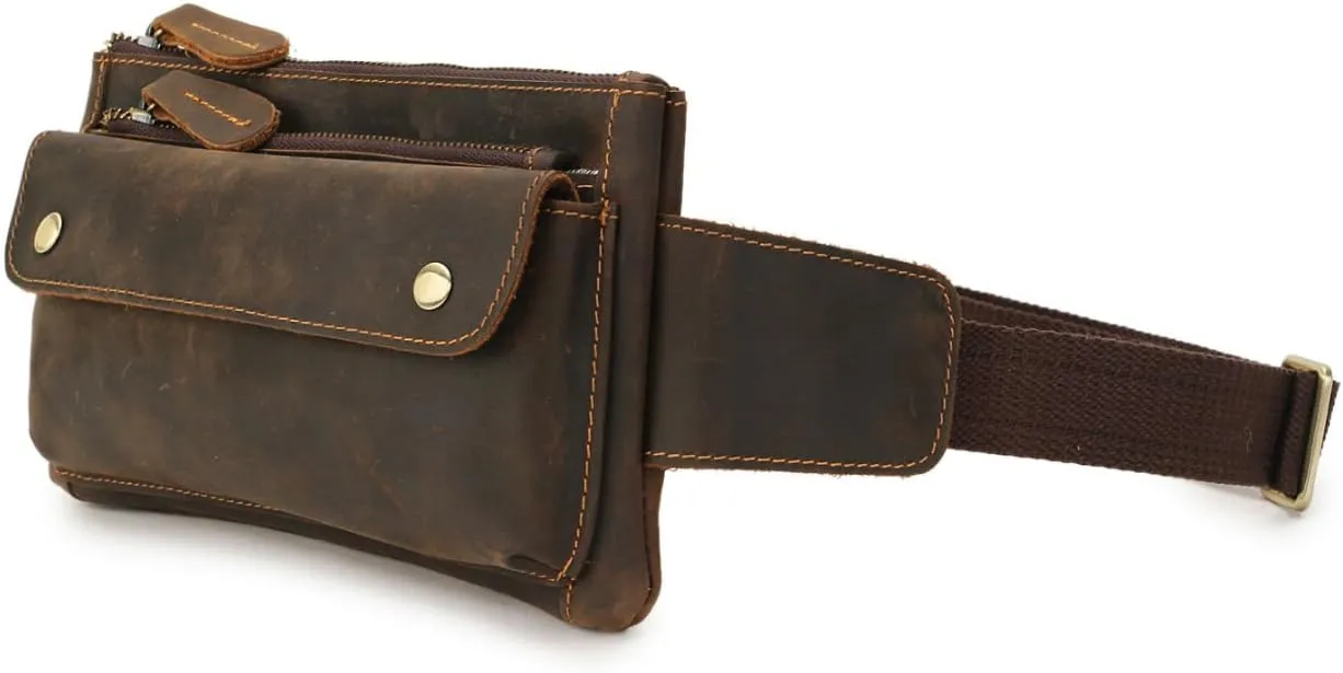 Unisex Brown Genuine Leather Waist Bag Messenger Fanny Pack Bum Bag For Men Women Travel Sports Running Hiking