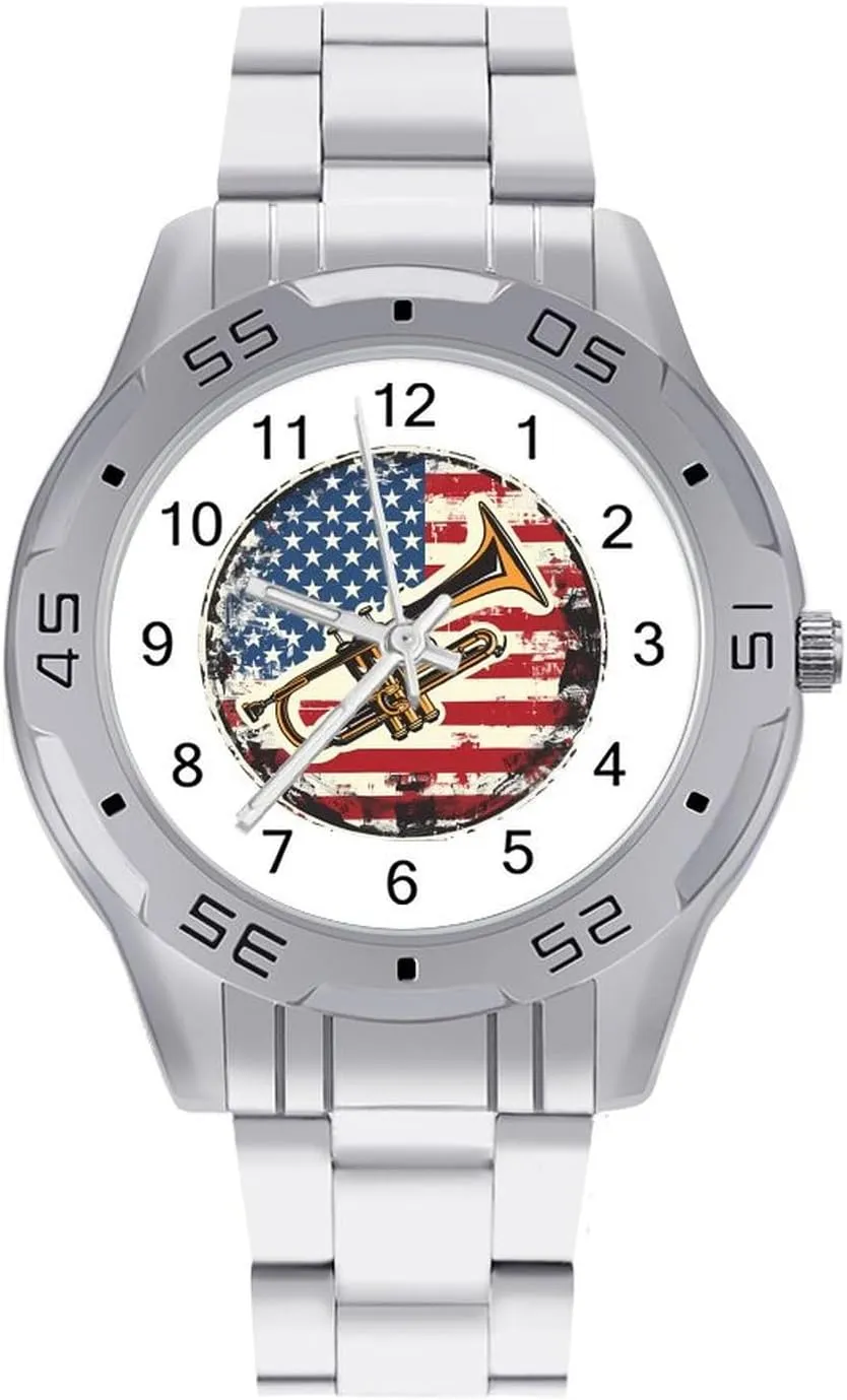 U.S.A. Flag Trumpet Jazz Music Simple Stainless Steel Band Business Watch Dress Wrist Unique Luxury Work Casual Waterproof Watches