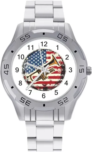 U.S.A. Flag Trumpet Jazz Music Simple Stainless Steel Band Business Watch Dress Wrist Unique Luxury Work Casual Waterproof Watches