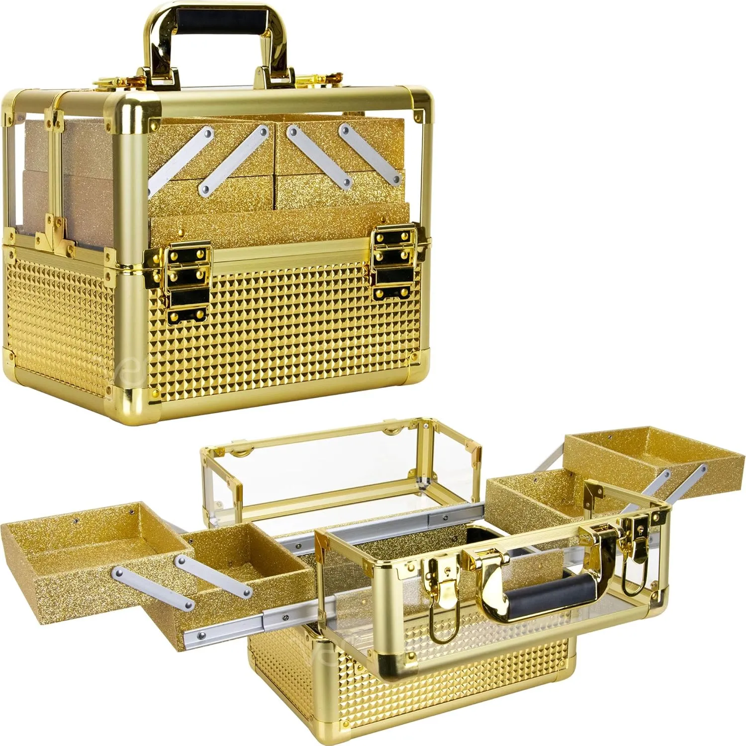 Ver Beauty Professional Nail Polish Cosmetic Organizer 3.8mm Heavy Duty Acrylic Makeup Artist Travel Case Easy Clean With Extendable Trays, Gold Ice Cube