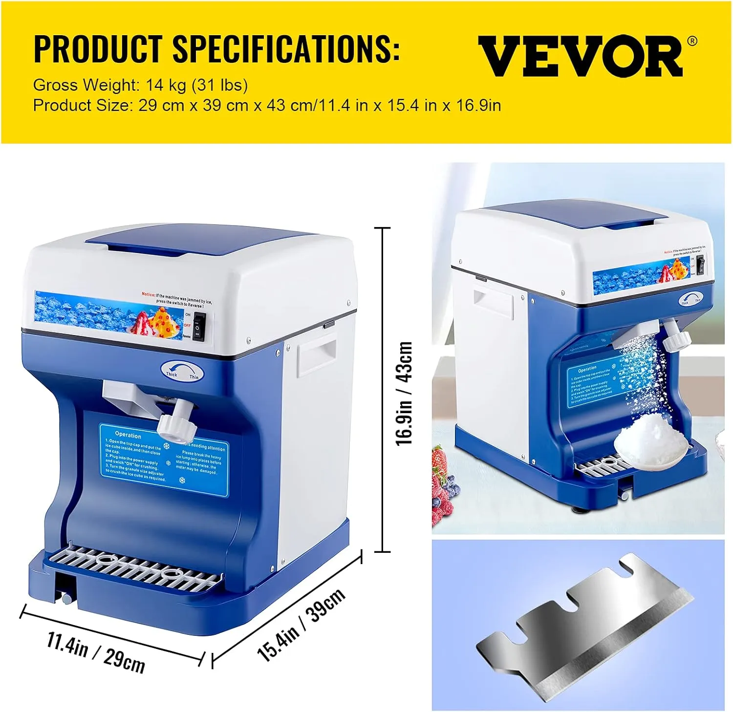 VEVOR 110V Electric Shaved Ice Machine 500W Snow Cone Maker Tabletop w/Adjustable Ice Texture, Ice Shaving Machine 265LBs/hr for Home and Commerical Use
