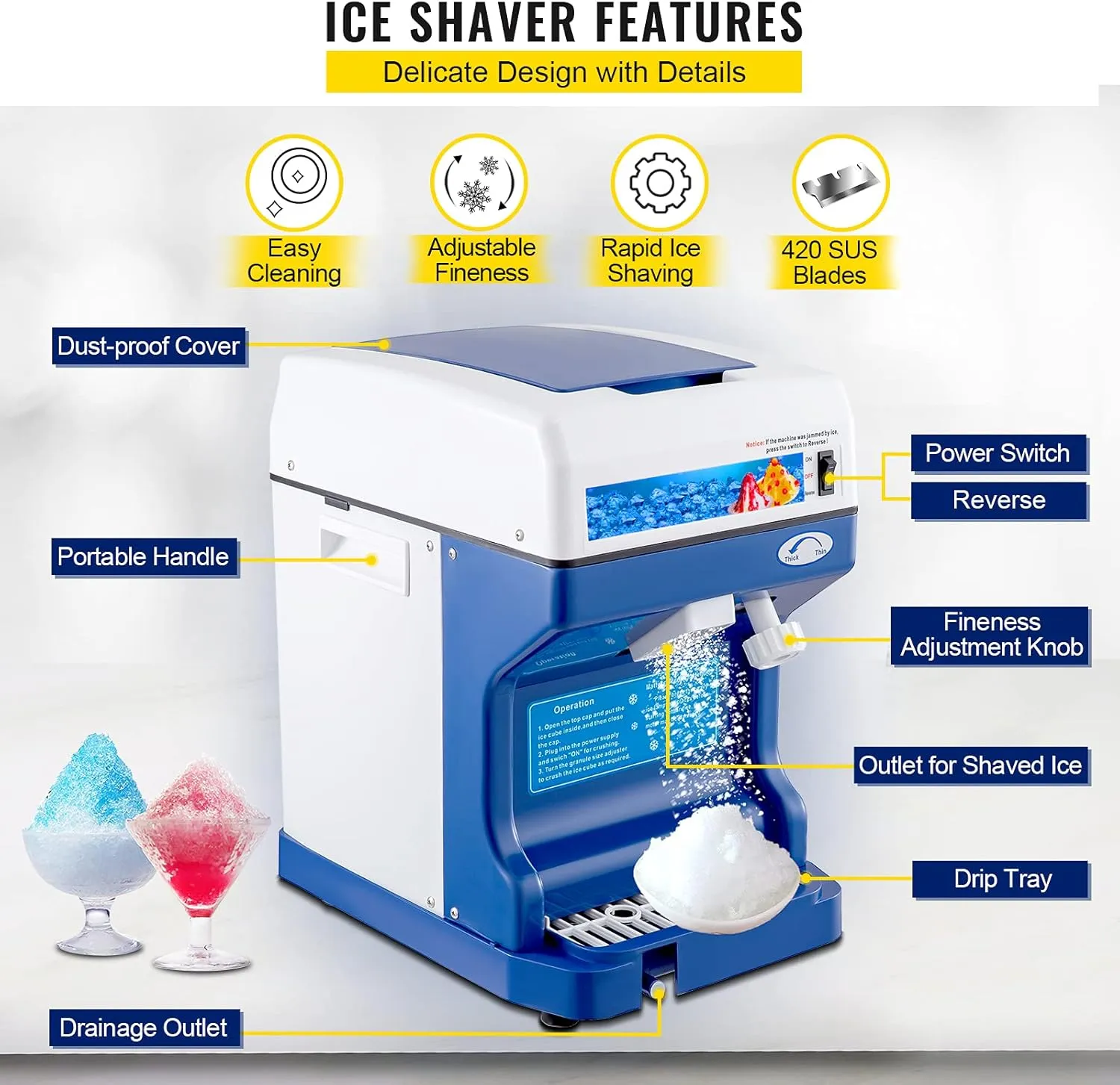 VEVOR 110V Electric Shaved Ice Machine 500W Snow Cone Maker Tabletop w/Adjustable Ice Texture, Ice Shaving Machine 265LBs/hr for Home and Commerical Use
