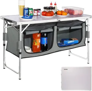 VEVOR Camping Kitchen Table, Quick Set-up Folding Camping Table with A Carrying Bag, 3 Adjustable Heights, MDF Camping Table, Ideal for Outdoor Picnics, BBQs, Camping, RV Traveling