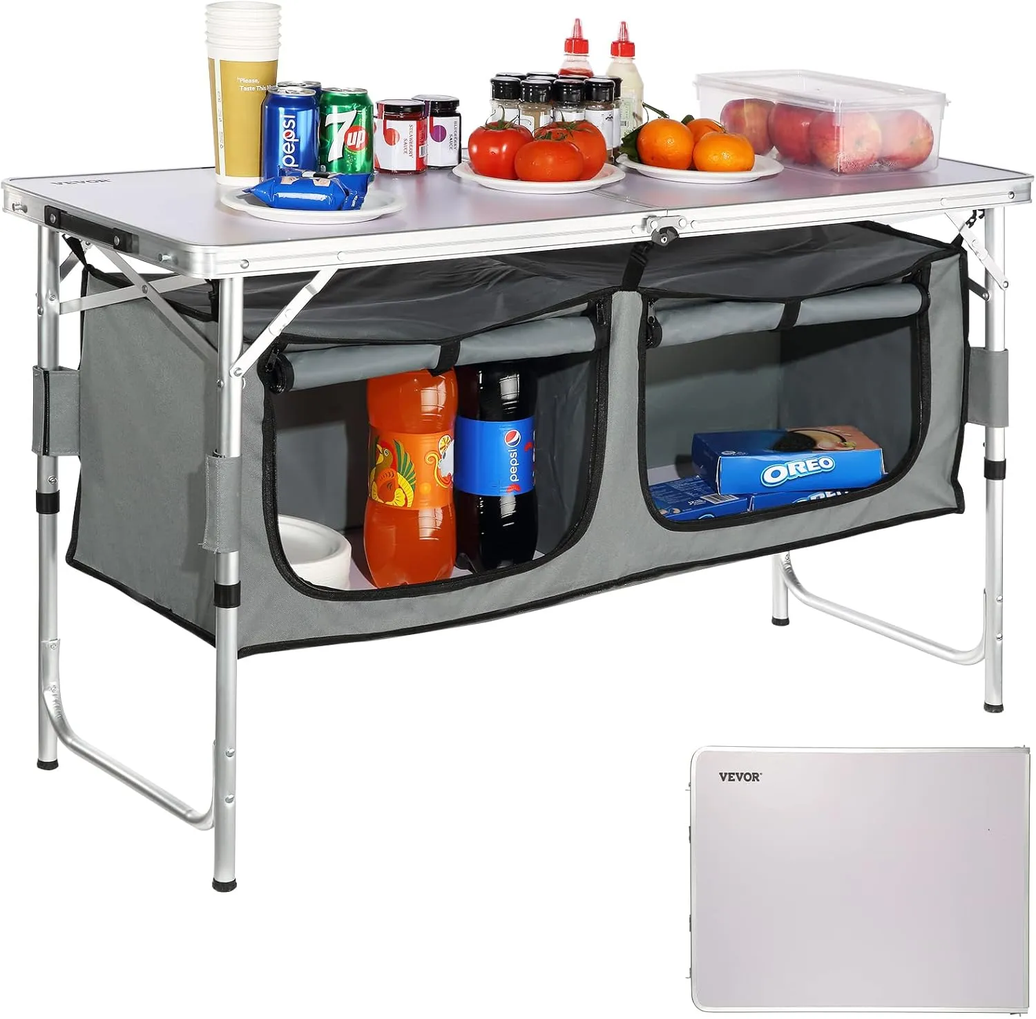 VEVOR Camping Kitchen Table, Quick Set-up Folding Camping Table with A Carrying Bag, 3 Adjustable Heights, MDF Camping Table, Ideal for Outdoor Picnics, BBQs, Camping, RV Traveling