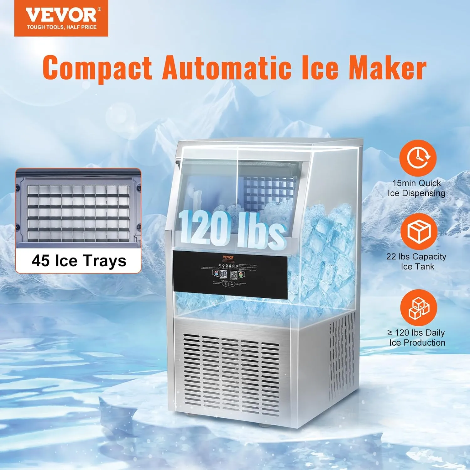 VEVOR Commercial Ice Maker Machine, 120LBS/24H Ice Machine with 22lbs Storage Capacity, 45 Ice Cubes Ready in 12-15 Minutes, Ice Maker Machine for Bar Home Office Restaurant