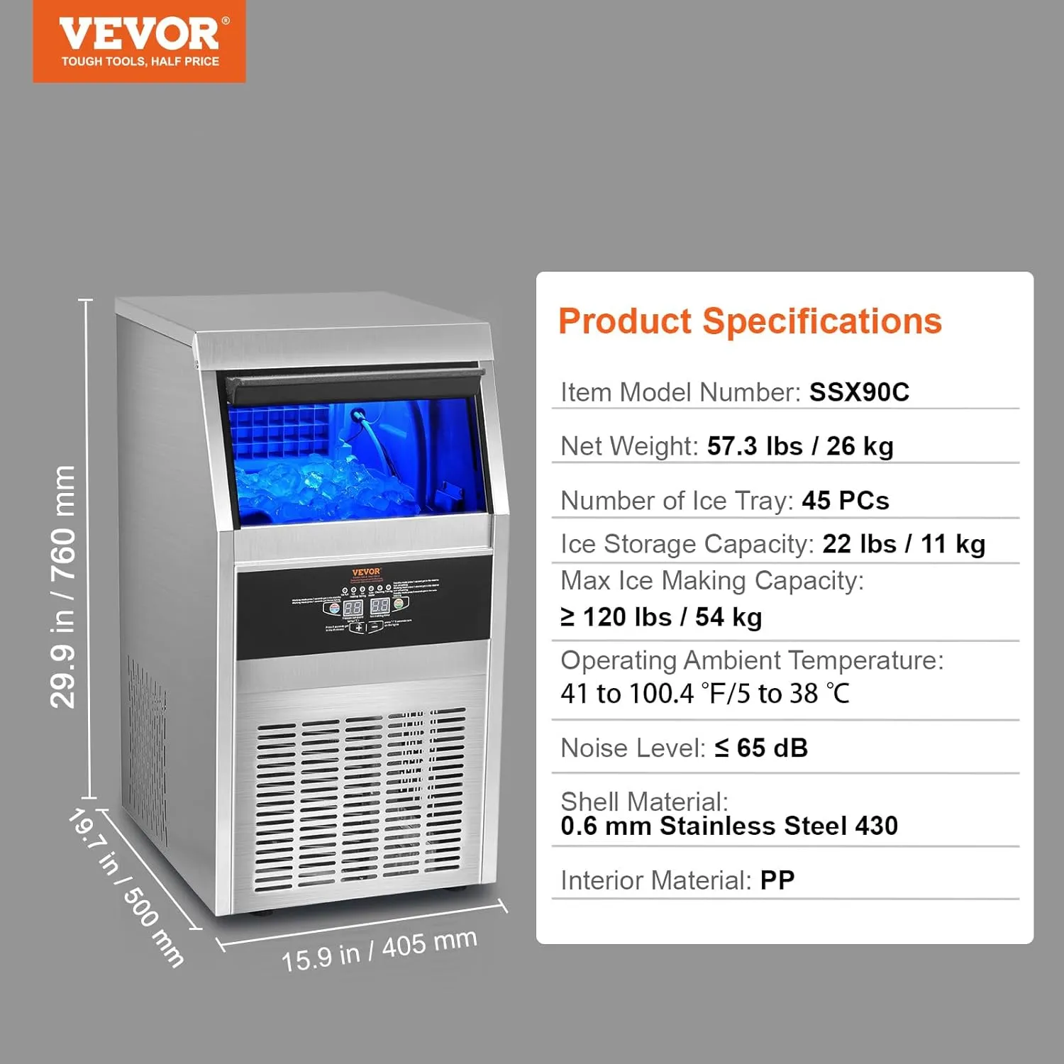 VEVOR Commercial Ice Maker Machine, 120LBS/24H Ice Machine with 22lbs Storage Capacity, 45 Ice Cubes Ready in 12-15 Minutes, Ice Maker Machine for Bar Home Office Restaurant
