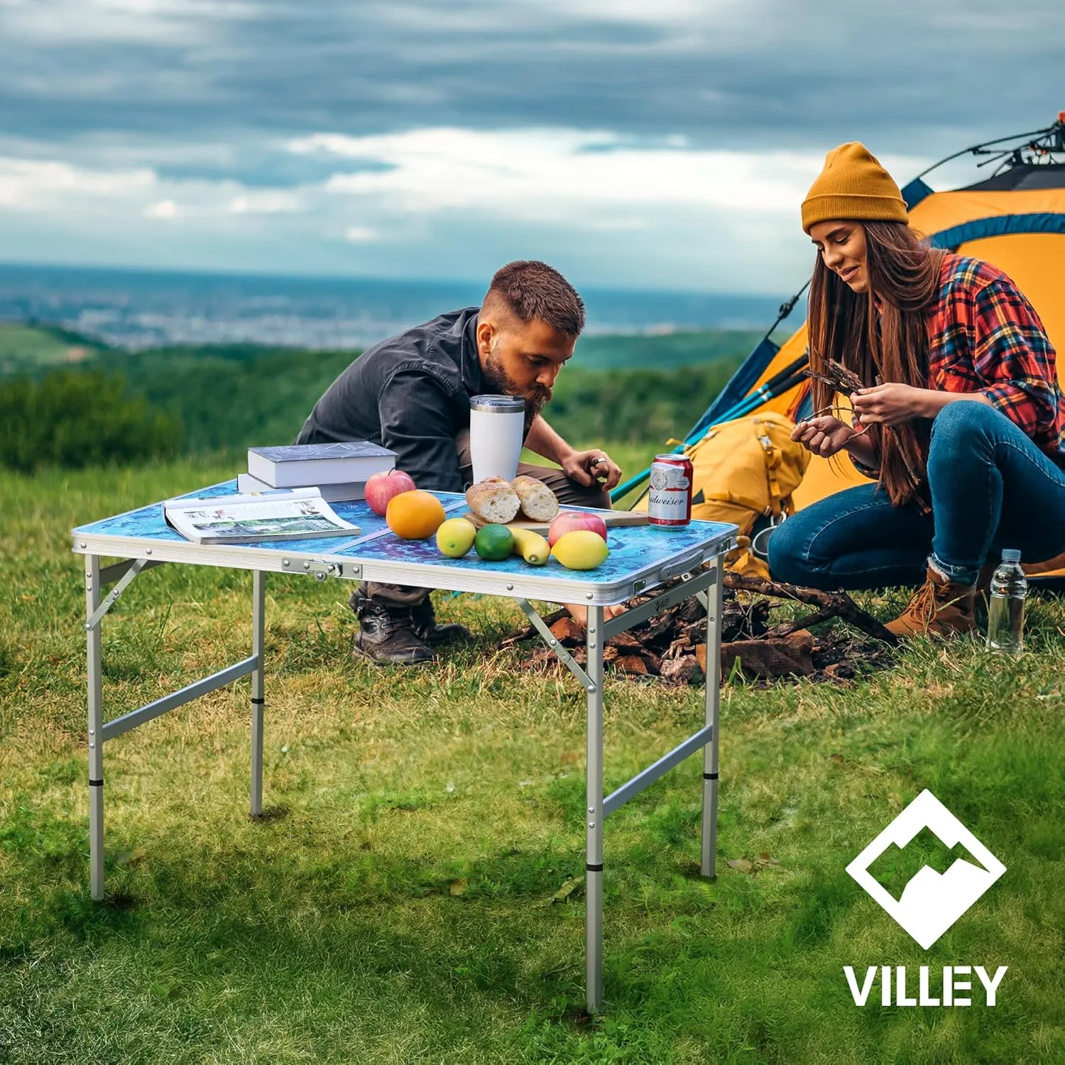 VILLEY Folding Camping Table 3FT, Adjustable Height Portable Aluminum Table with Handle, Lightweight Foldable Table for Outdoor Picnic BBQ Travel Camping Indoor Use