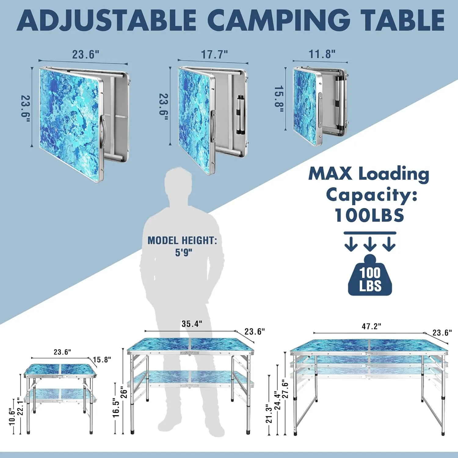VILLEY Folding Camping Table 3FT, Adjustable Height Portable Aluminum Table with Handle, Lightweight Foldable Table for Outdoor Picnic BBQ Travel Camping Indoor Use