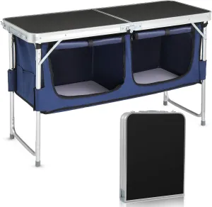 VINGLI 4 Ft Folding Table, Aluminum Camping Table, Picnic Table with Storage, Adjustable Height for Outdoor Beach BBQ Backyards Travel Party (Black)
