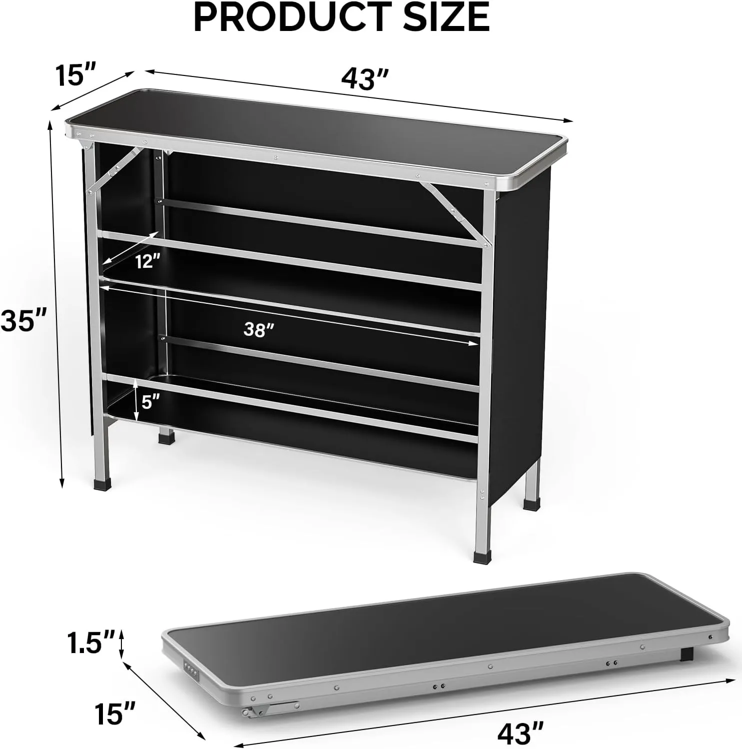 VINGLI 43" Portable Bar Table, 3-Tier Shelves, Mobile Bar Table for Events, Party, Camping, Picnic, Tradeshow, Indoor with Black Skirt (2, 43")