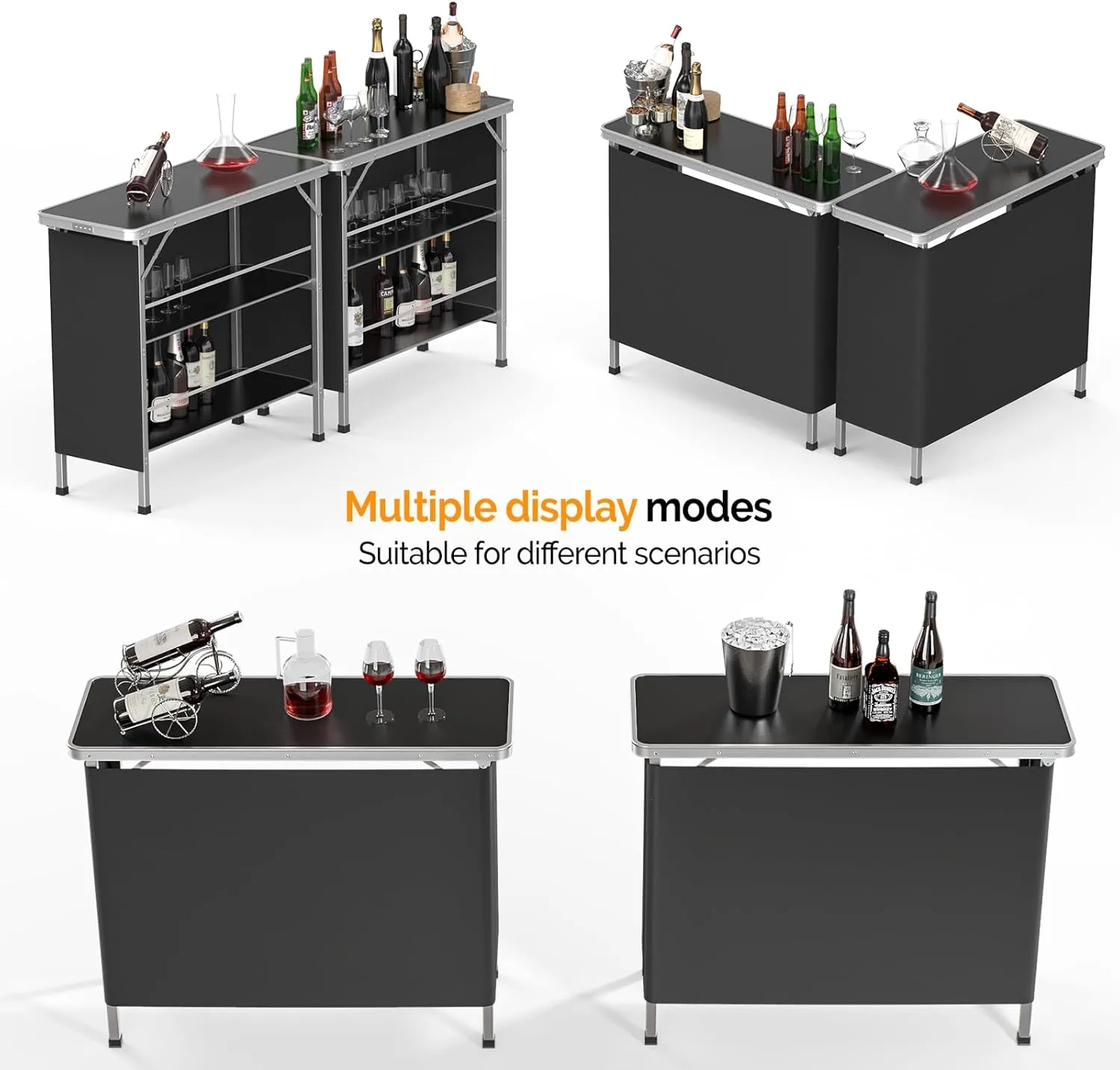 VINGLI 43" Portable Bar Table, 3-Tier Shelves, Mobile Bar Table for Events, Party, Camping, Picnic, Tradeshow, Indoor with Black Skirt (2, 43")