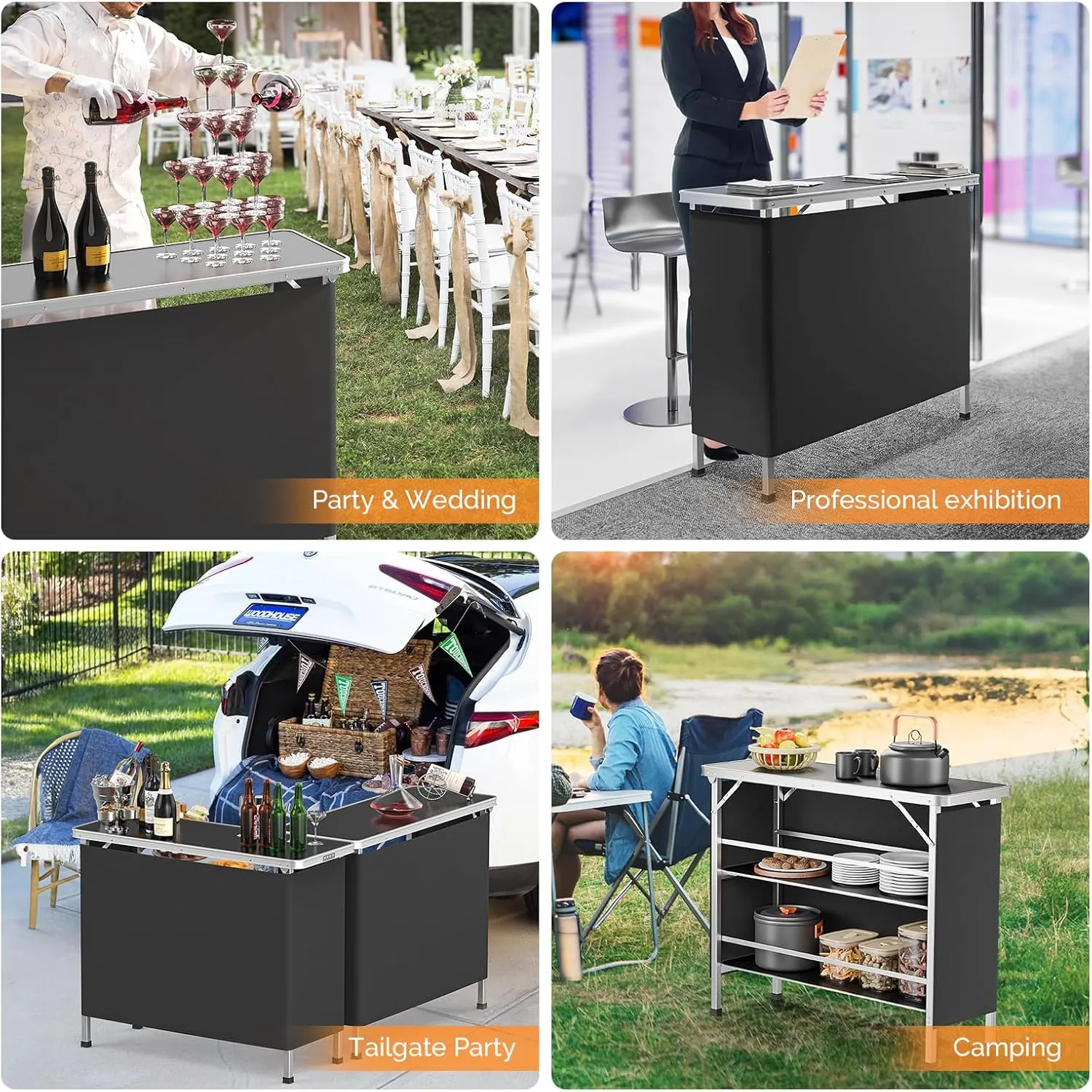 VINGLI 43" Portable Bar Table, 3-Tier Shelves, Mobile Bar Table for Events, Party, Camping, Picnic, Tradeshow, Indoor with Black Skirt (2, 43")