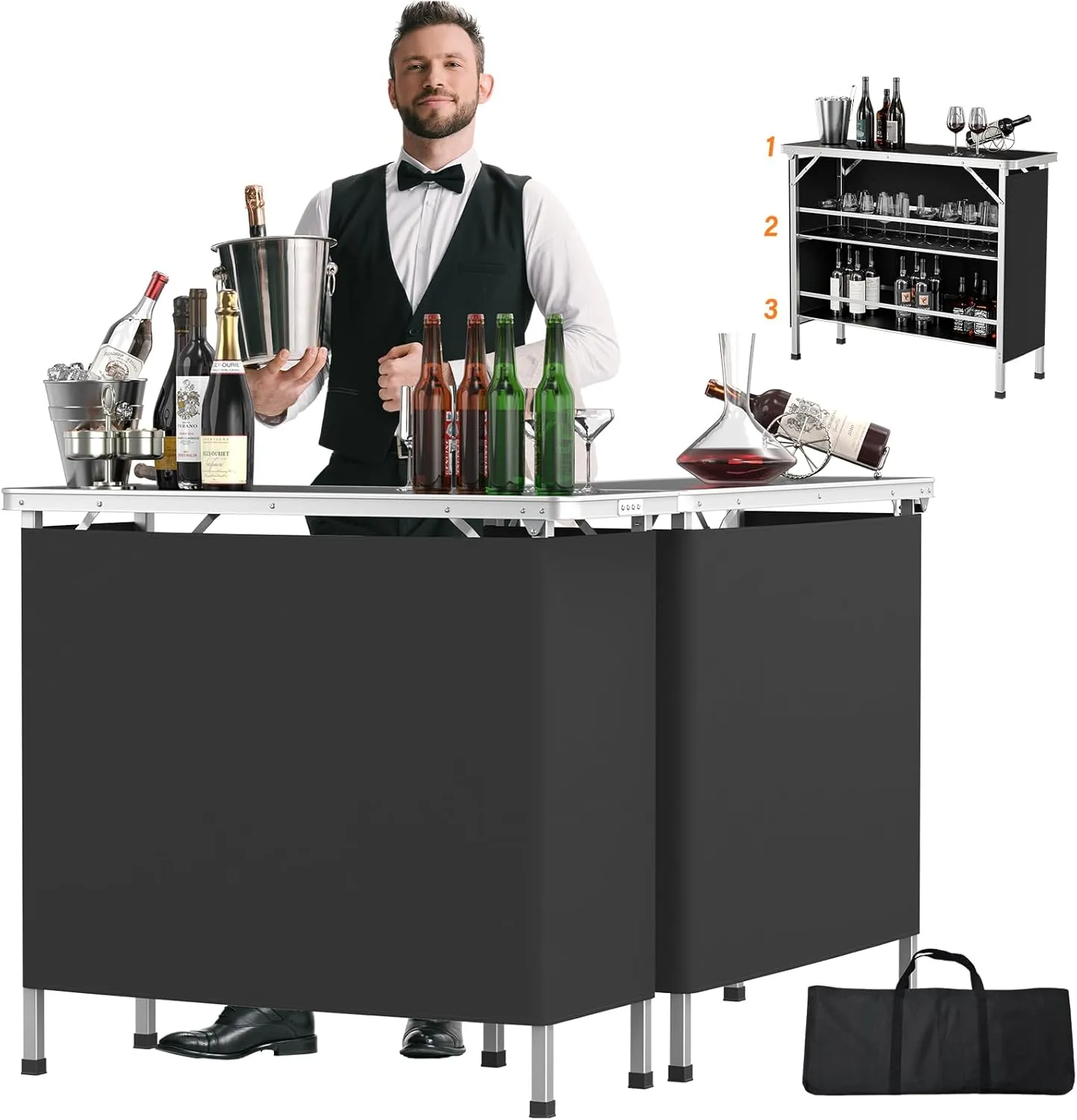 VINGLI 43" Portable Bar Table, 3-Tier Shelves, Mobile Bar Table for Events, Party, Camping, Picnic, Tradeshow, Indoor with Black Skirt (2, 43")