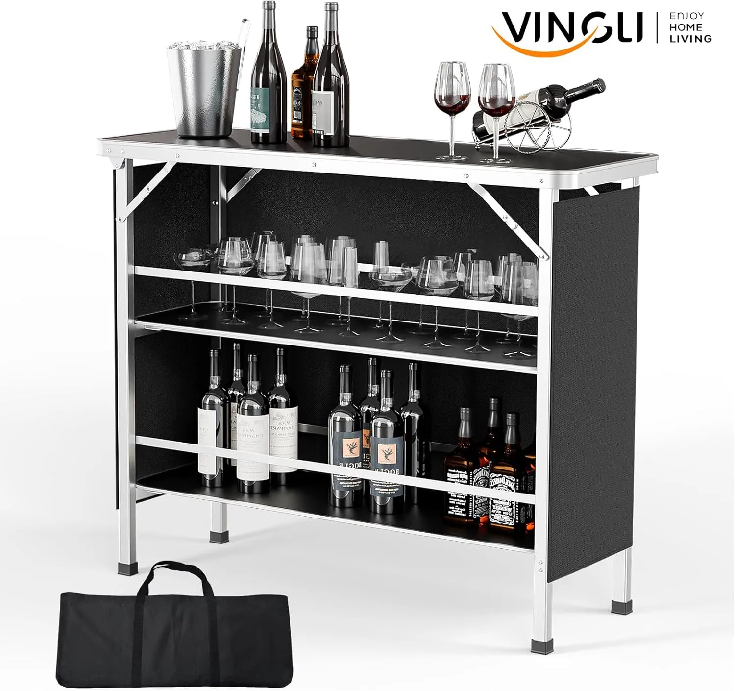 VINGLI 43" Portable Bar Table, 3-Tier Shelves, Mobile Bar Table for Events, Party, Camping, Picnic, Tradeshow, Indoor with Black Skirt (2, 43")