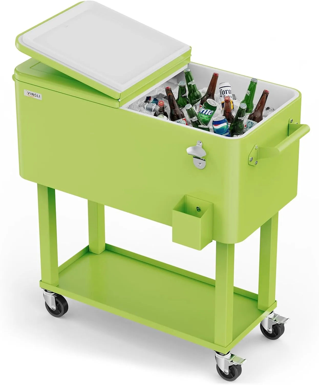 VINGLI 80 Quart Rolling Ice Chest, Portable Patio Party Bar Drink Cooler Cart, with Shelf, Beverage Pool with Bottle Opener