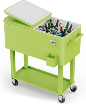 VINGLI 80 Quart Rolling Ice Chest, Portable Patio Party Bar Drink Cooler Cart, with Shelf, Beverage Pool with Bottle Opener