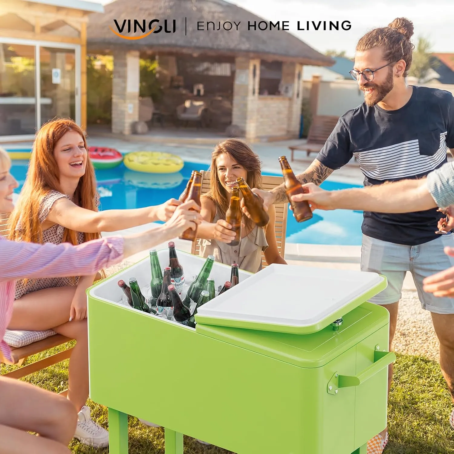 VINGLI 80 Quart Rolling Ice Chest, Portable Patio Party Bar Drink Cooler Cart, with Shelf, Beverage Pool with Bottle Opener