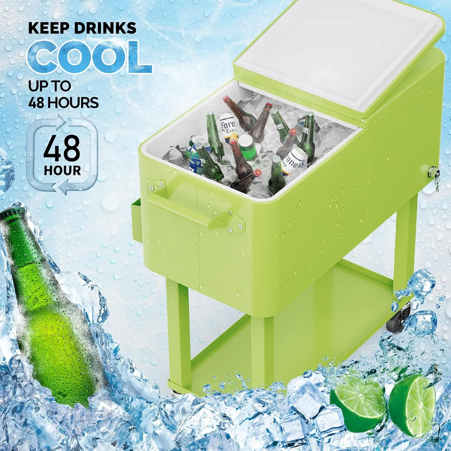 VINGLI 80 Quart Rolling Ice Chest, Portable Patio Party Bar Drink Cooler Cart, with Shelf, Beverage Pool with Bottle Opener