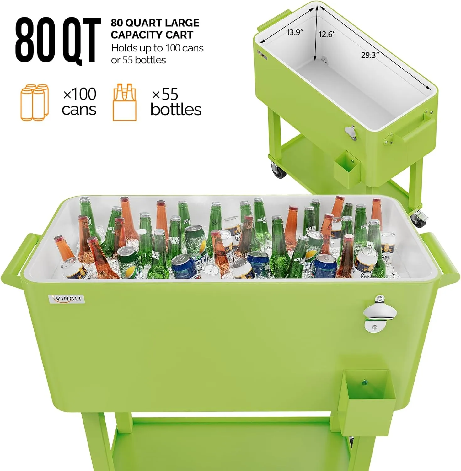 VINGLI 80 Quart Rolling Ice Chest, Portable Patio Party Bar Drink Cooler Cart, with Shelf, Beverage Pool with Bottle Opener