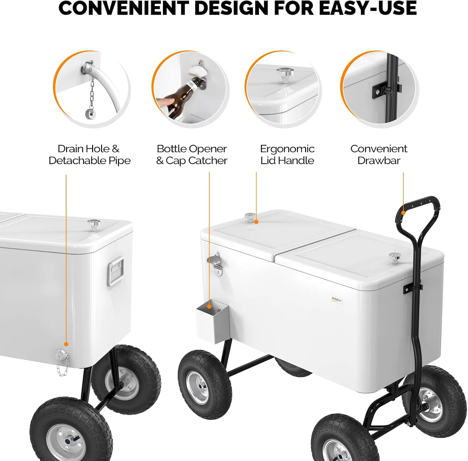 VINGLI 80 Quart Wagon Rolling Cooler Ice Chest, w/Long Handle and 10" Wheels, Portable Beach Patio Party Bar Cold Drink Beverage, Outdoor Park Cart on Wheels