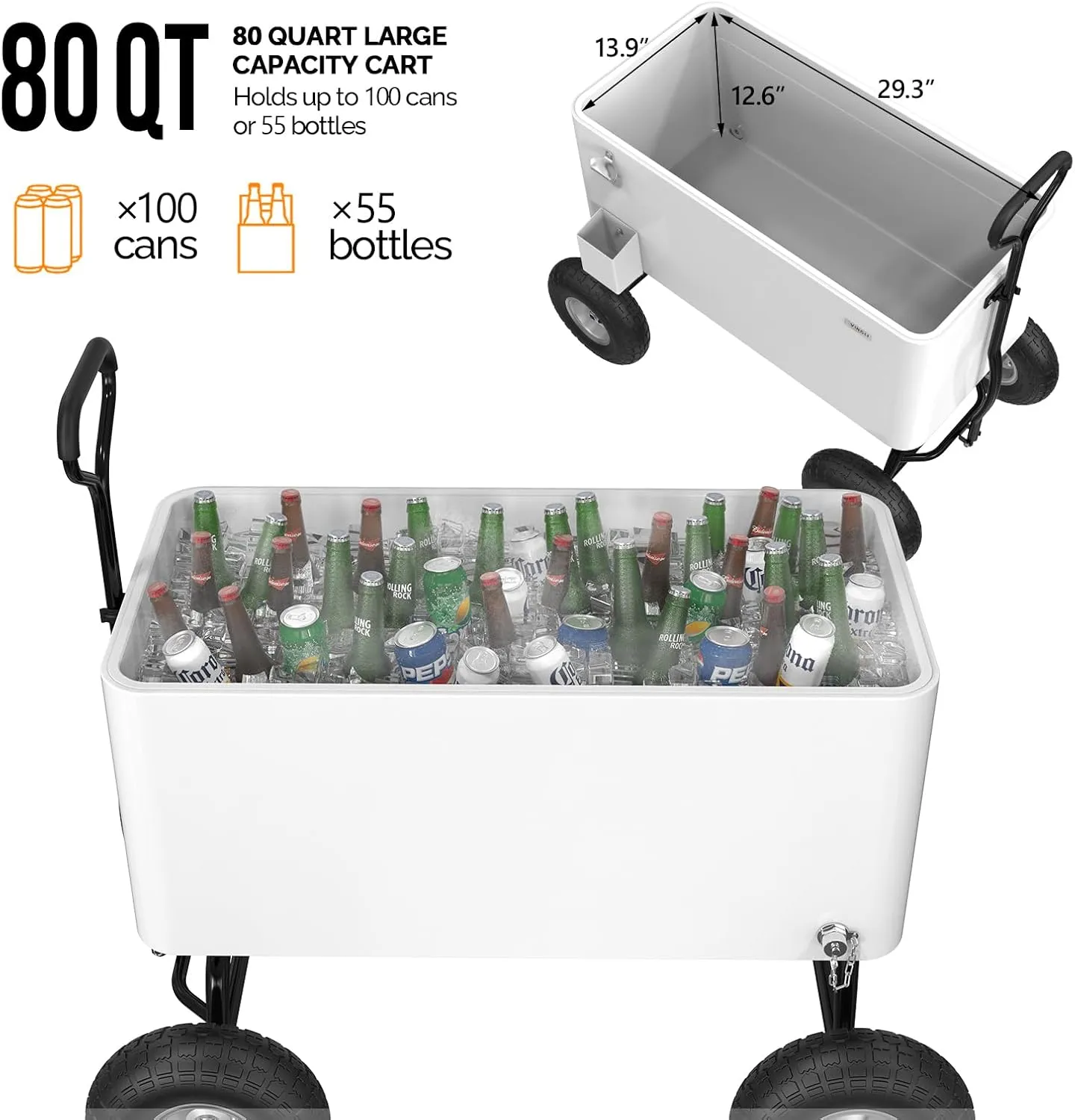 VINGLI 80 Quart Wagon Rolling Cooler Ice Chest, w/Long Handle and 10" Wheels, Portable Beach Patio Party Bar Cold Drink Beverage, Outdoor Park Cart on Wheels