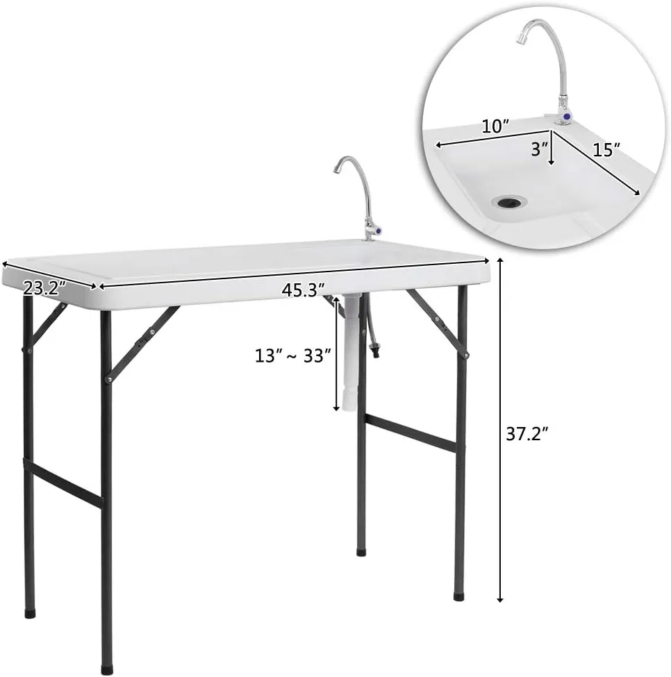 VINGLI Outdoor Folding Fish and Game Cleaning Table w/Sink| Portable & Durable, Standard Garden Connection, Upgraded Drainage Hose, Stainless Steel (Classic)…