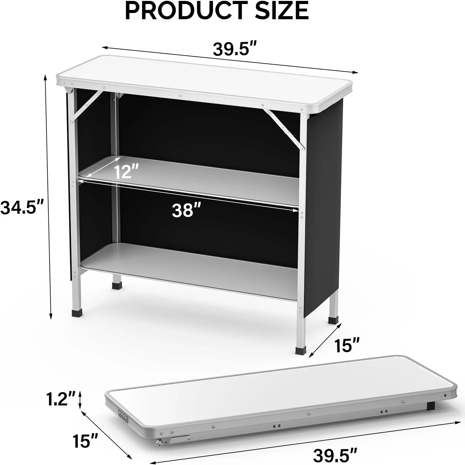 VINGLI Portable Bar Table, 3-Tier Shelves, Mobile Bar Table for Events, Party, Camping, Picnic, Tradeshow, Indoor with Black Skirt, 39 "L x 34" H