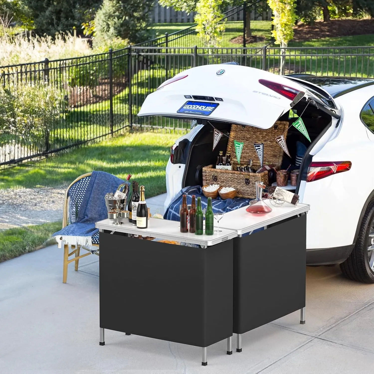 VINGLI Portable Bar Table, 3-Tier Shelves, Mobile Bar Table for Events, Party, Camping, Picnic, Tradeshow, Indoor with Black Skirt, 39 "L x 34" H
