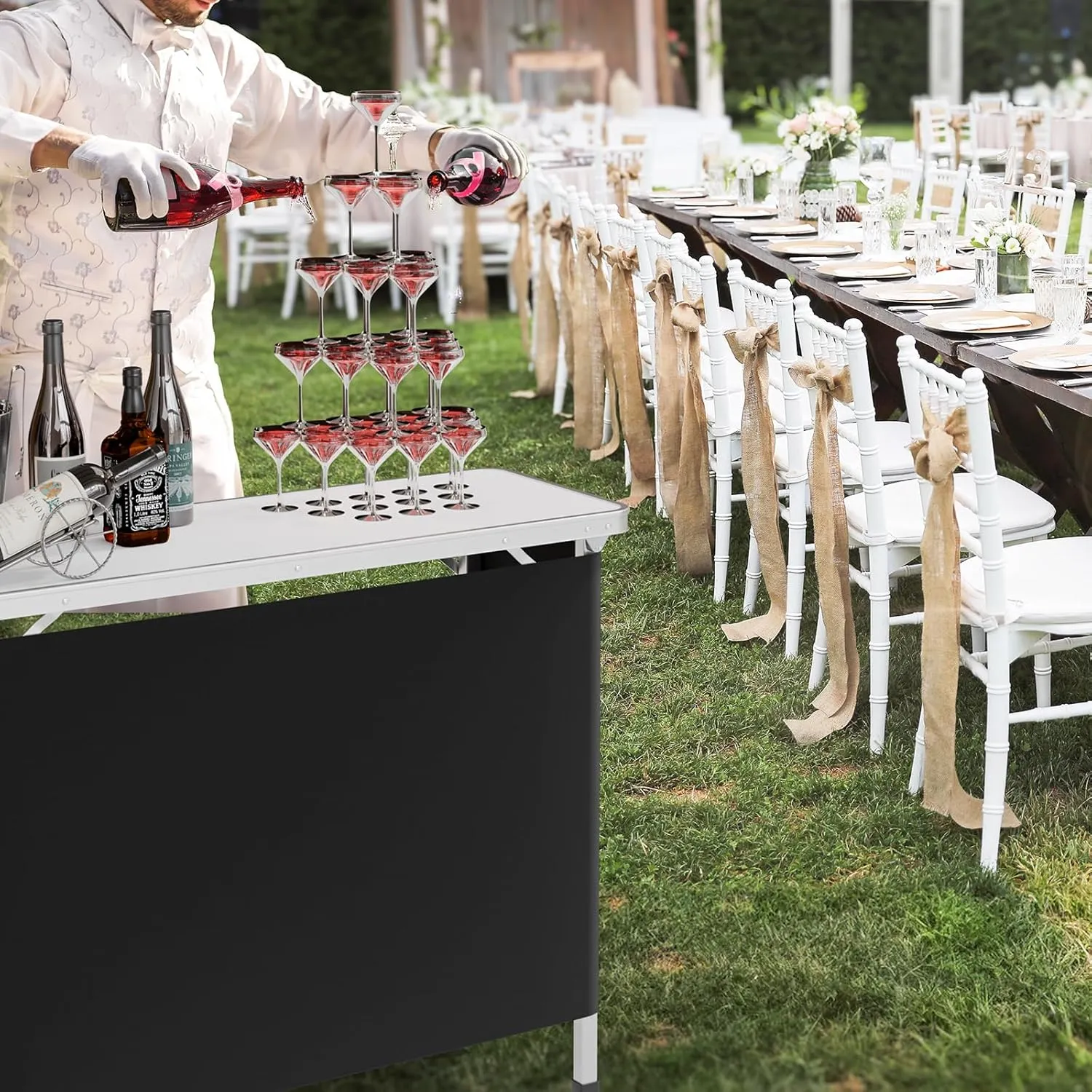 VINGLI Portable Bar Table, 3-Tier Shelves, Mobile Bar Table for Events, Party, Camping, Picnic, Tradeshow, Indoor with Black Skirt, 39 "L x 34" H