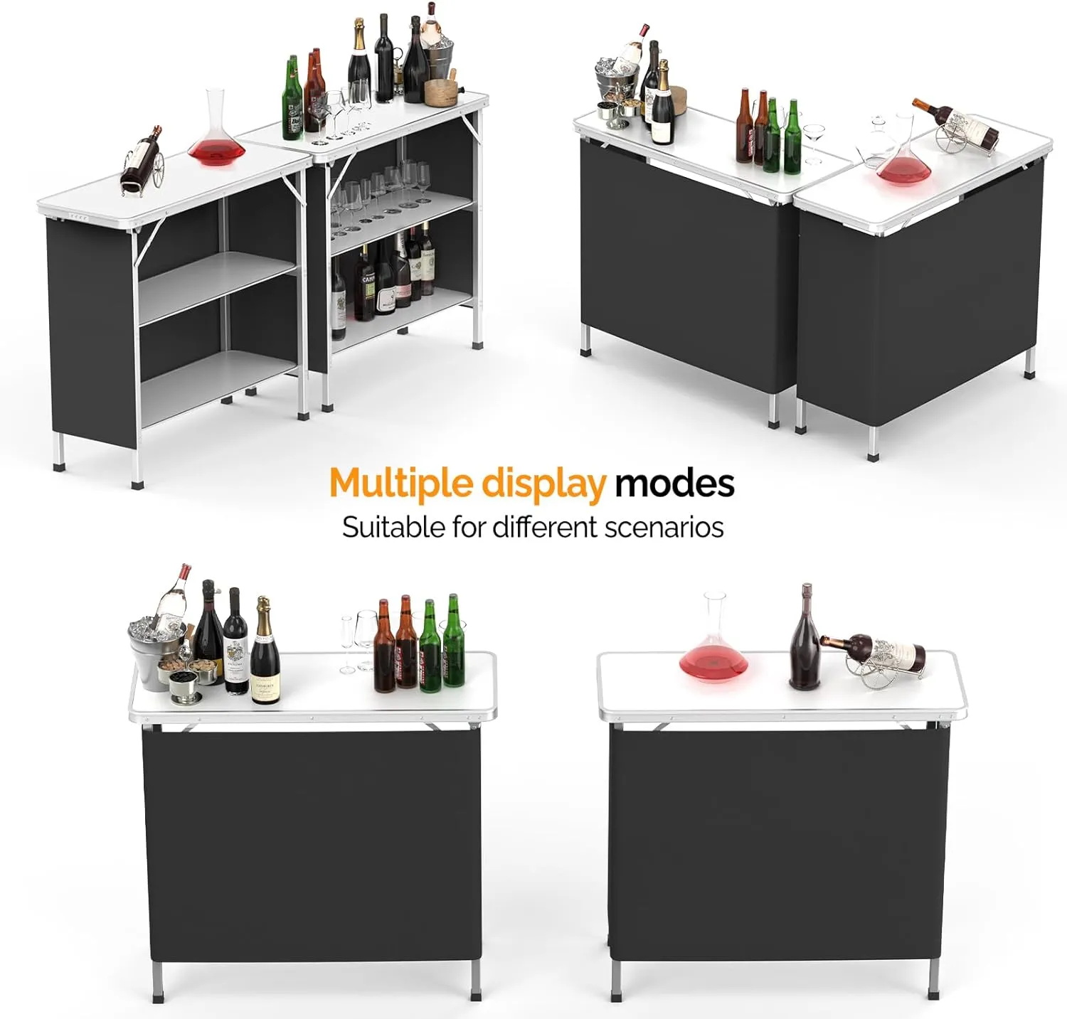 VINGLI Portable Bar Table, 3-Tier Shelves, Mobile Bar Table for Events, Party, Camping, Picnic, Tradeshow, Indoor with Black Skirt, 39 "L x 34" H