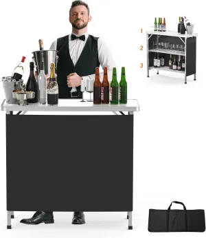 VINGLI Portable Bar Table, 3-Tier Shelves, Mobile Bar Table for Events, Party, Camping, Picnic, Tradeshow, Indoor with Black Skirt, 39 "L x 34" H