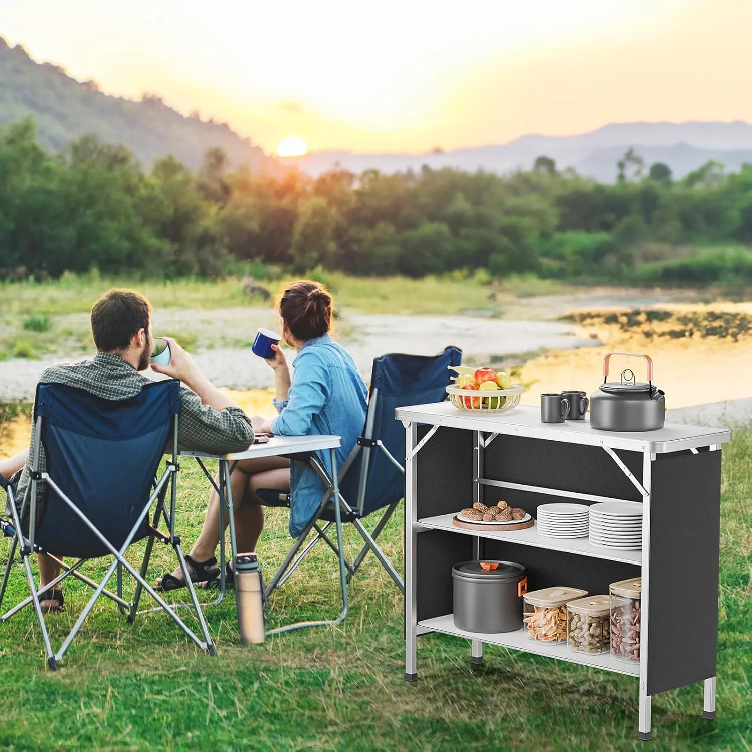 VINGLI Portable Bar Table, 3-Tier Shelves, Mobile Bar Table for Events, Party, Camping, Picnic, Tradeshow, Indoor with Black Skirt, 39 "L x 34" H