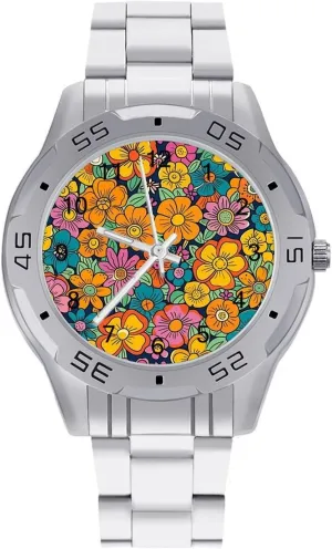 Vintage Colorful Floral Simple Stainless Steel Band Business Watch Dress Wrist Unique Luxury Work Casual Waterproof Watches