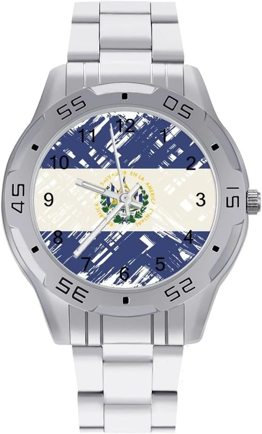 Vintage El Salvador Flag Simple Stainless Steel Band Business Watch Dress Wrist Unique Luxury Work Casual Waterproof Watches
