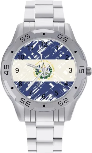 Vintage El Salvador Flag Simple Stainless Steel Band Business Watch Dress Wrist Unique Luxury Work Casual Waterproof Watches