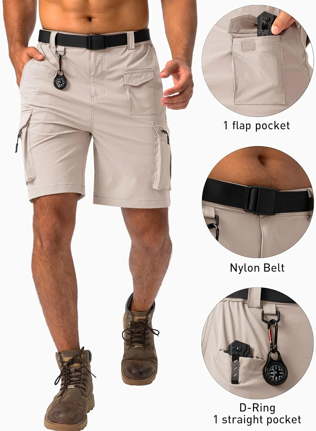 Viodia Men's Hiking Cargo Shorts Stretch Tactical Shorts for Men with 8 Pockets Quick Dry Lightweight Shorts for Work Fishing