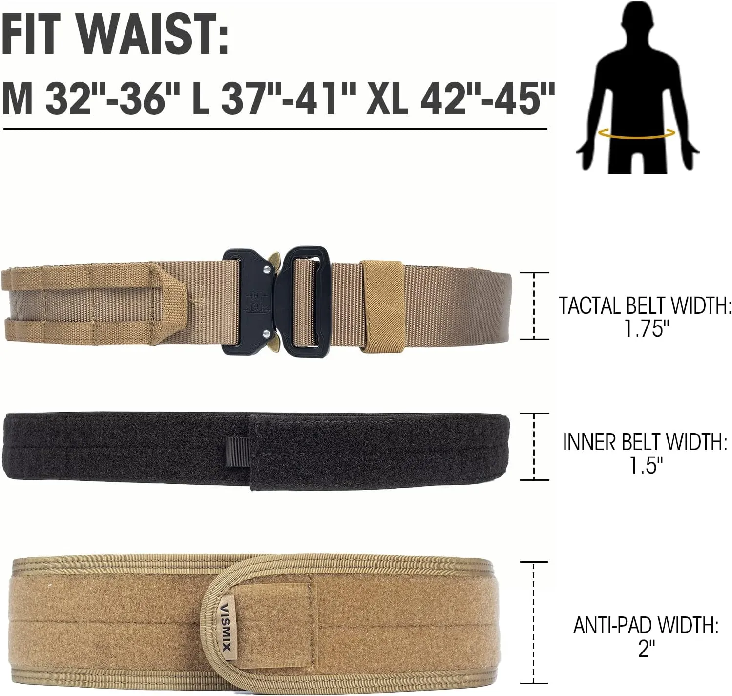 VISMIX Tactical Belt, Quick Release 1.75" MOLLE Battle Belt with Inner Belt and Anti-Slip Pad- Heavy Duty Battle Belts