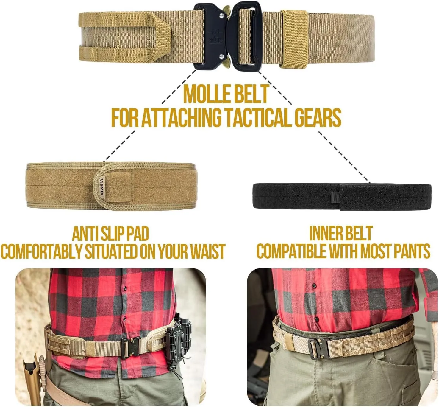 VISMIX Tactical Belt, Quick Release 1.75" MOLLE Battle Belt with Inner Belt and Anti-Slip Pad- Heavy Duty Battle Belts