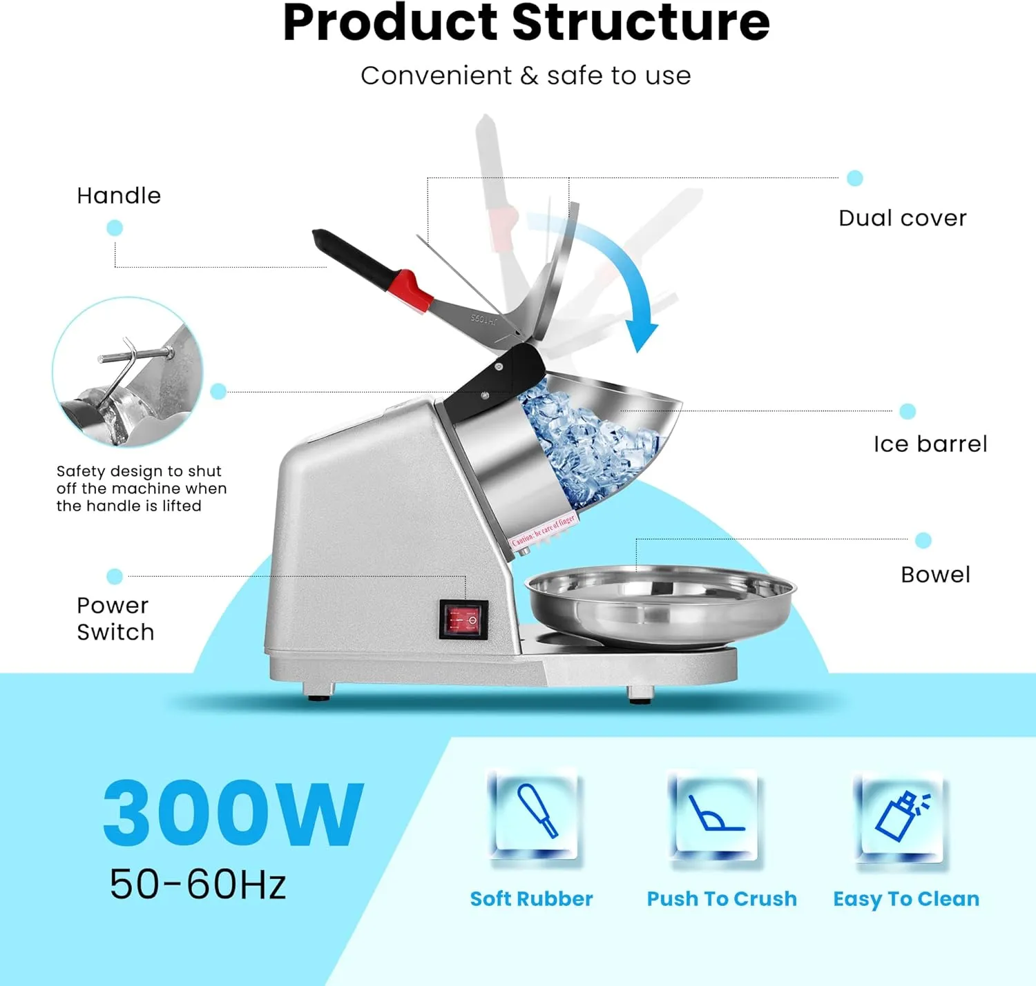 VIVOHOME Electric Ice Crusher Shaver 4 Blades Snow Cone Maker Machine Silver 210lbs/hr with Ice Pick for Home and Commercial Use