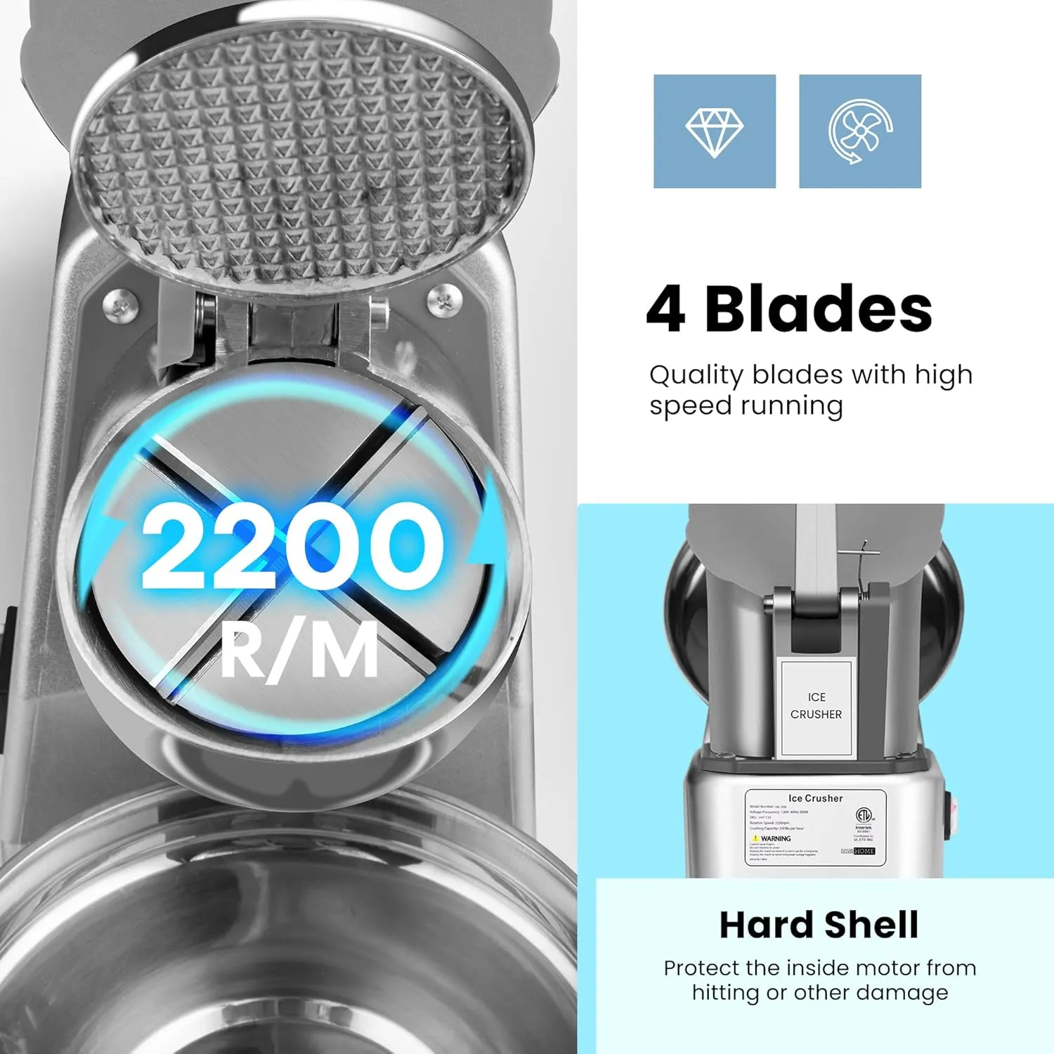VIVOHOME Electric Ice Crusher Shaver 4 Blades Snow Cone Maker Machine Silver 210lbs/hr with Ice Pick for Home and Commercial Use