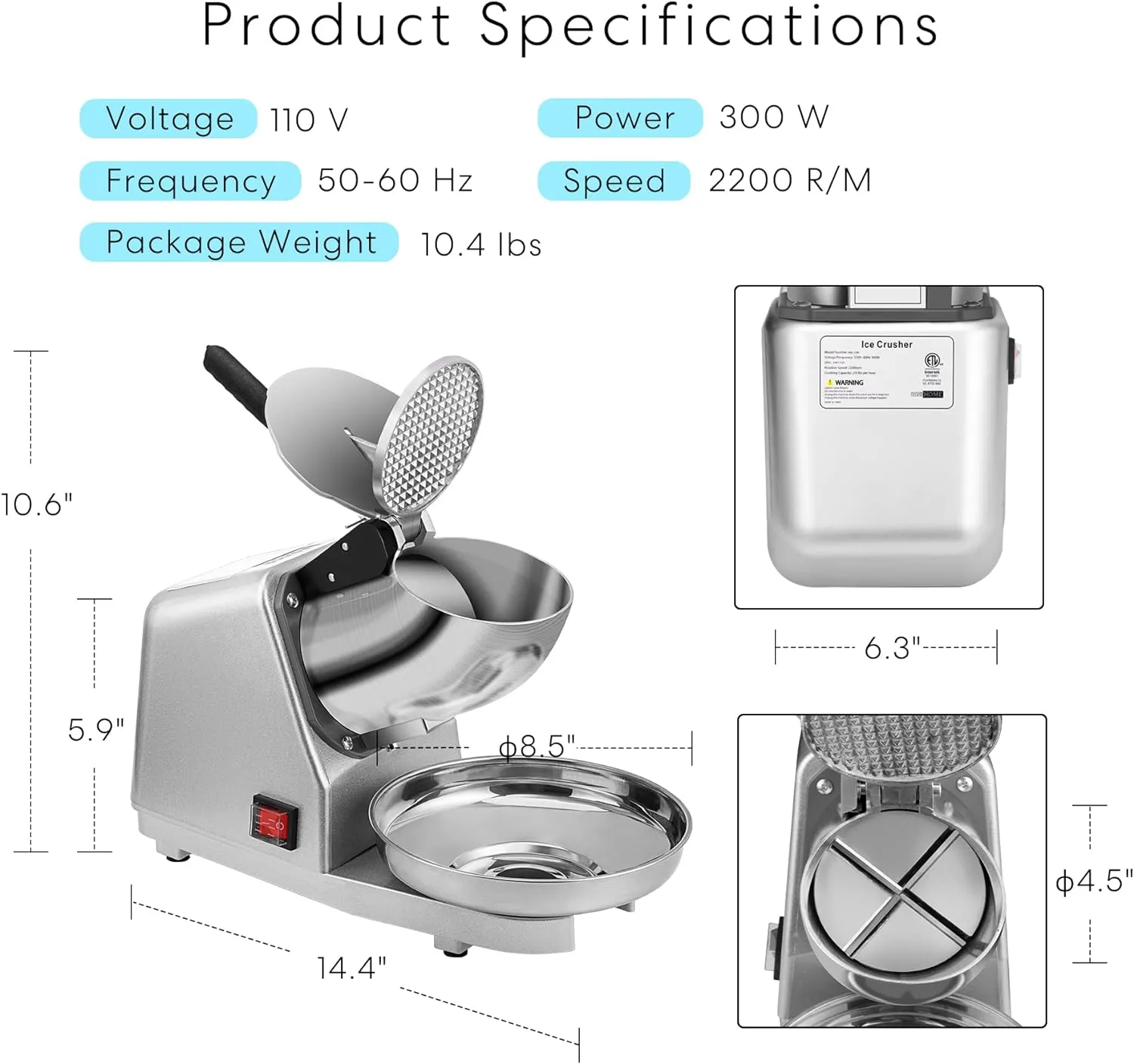 VIVOHOME Electric Ice Crusher Shaver 4 Blades Snow Cone Maker Machine Silver 210lbs/hr with Ice Pick for Home and Commercial Use