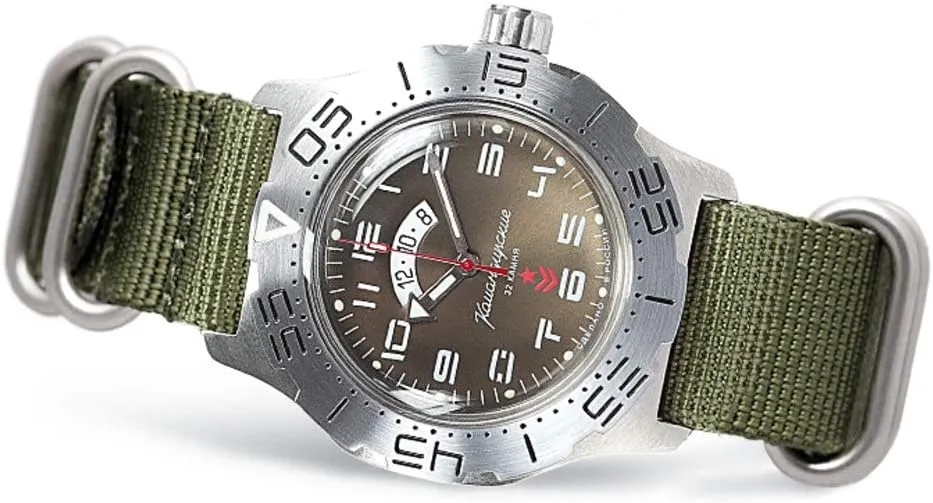 Vostok Komandirskie Watches for Men Automatic Mechanical 24Hr Waterproof Stainless Steel Wrist Watch 350755 Green Nylon