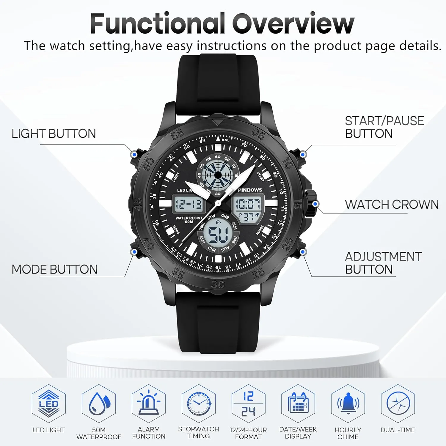 Watch for Men Watches Sport Military Waterproof Watches Analog Digital Watches Stainless Steel Watches with Alarm Stopwatch LED Light Hourly Chime Multi-Function Wristwatch