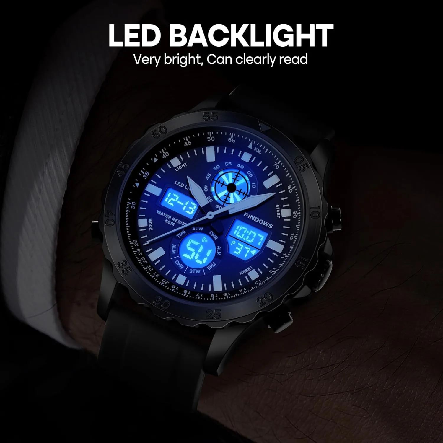 Watch for Men Watches Sport Military Waterproof Watches Analog Digital Watches Stainless Steel Watches with Alarm Stopwatch LED Light Hourly Chime Multi-Function Wristwatch